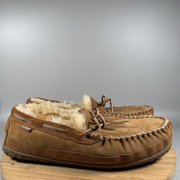 S LL Bean Wicked Good Men Sz 12 M Brown Moccasins Sheepskin Suede Shearling - Picture 1 of 7